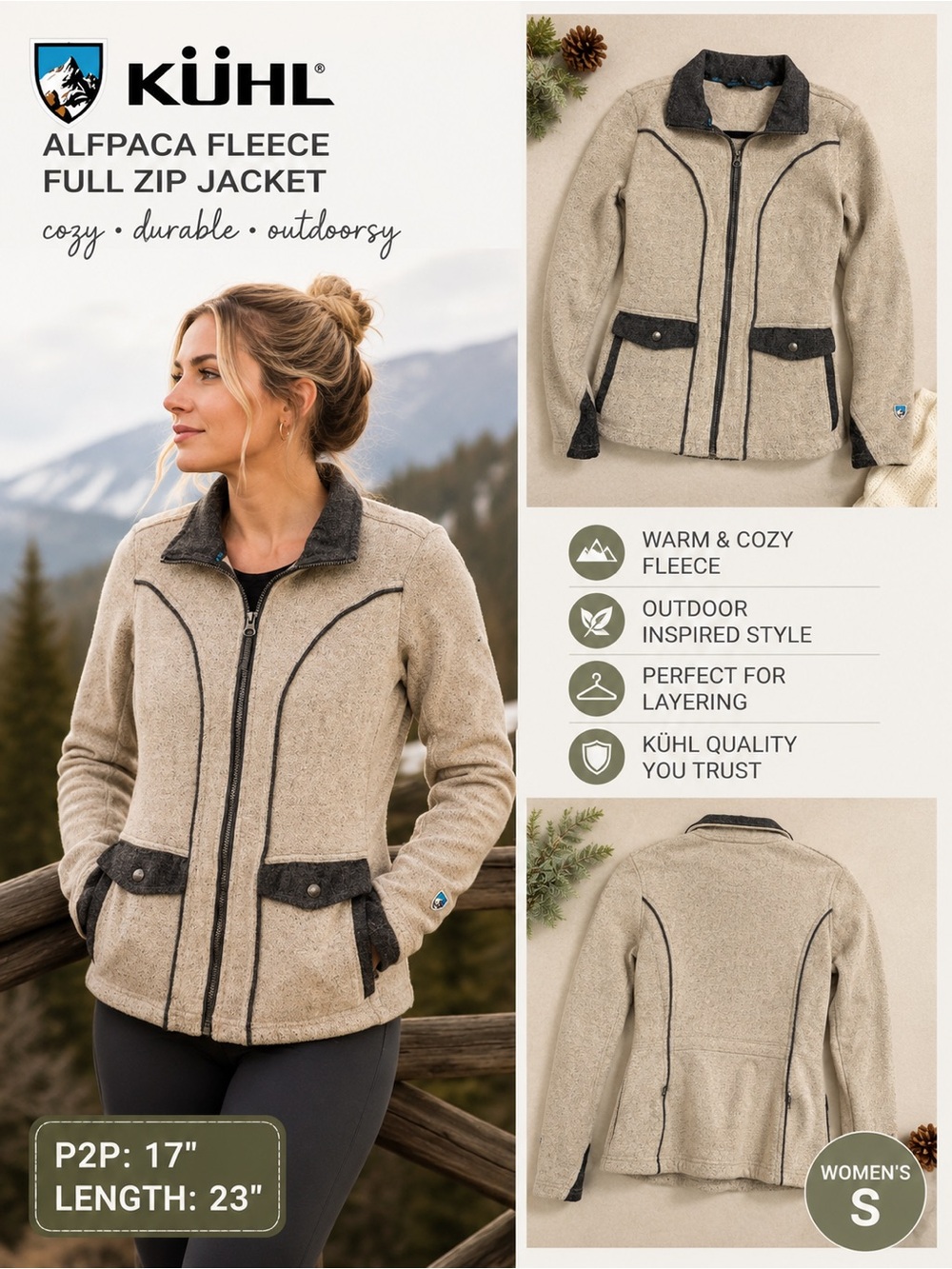 KÜHL Women’s Alfpaca Fleece Full Zip Sweater Jacket Beige Gray Small S